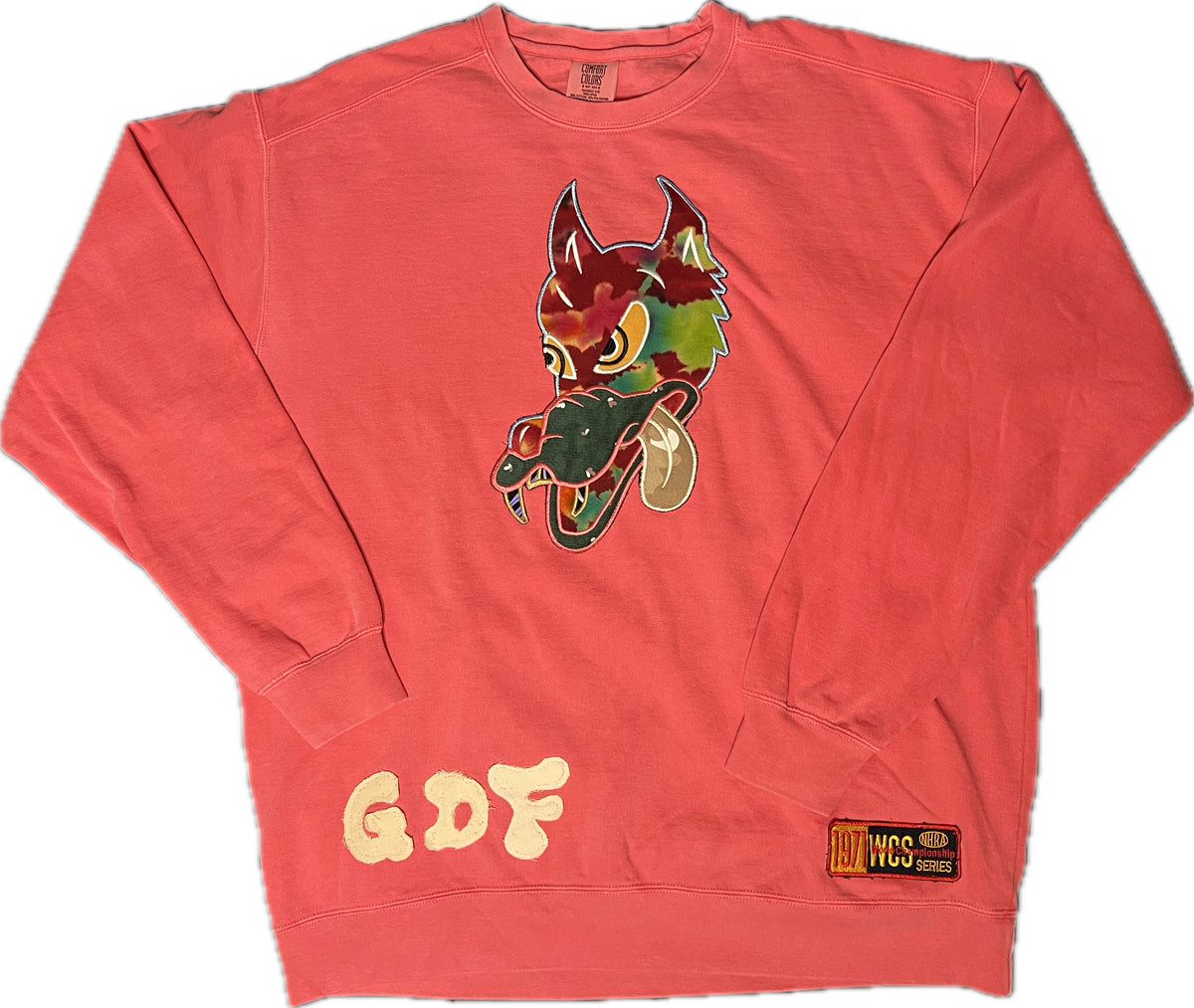 Watermelon Crewneck with Wolf Appliqué Patch, Size XL