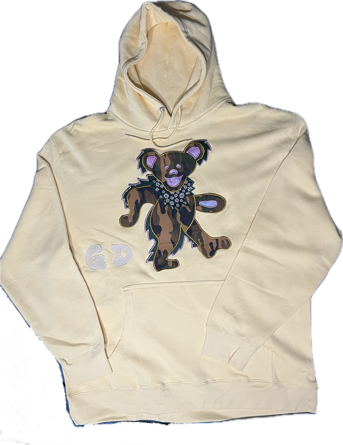 Yellow Hoodie with Bear Appliqué Patch, Size 2XL
