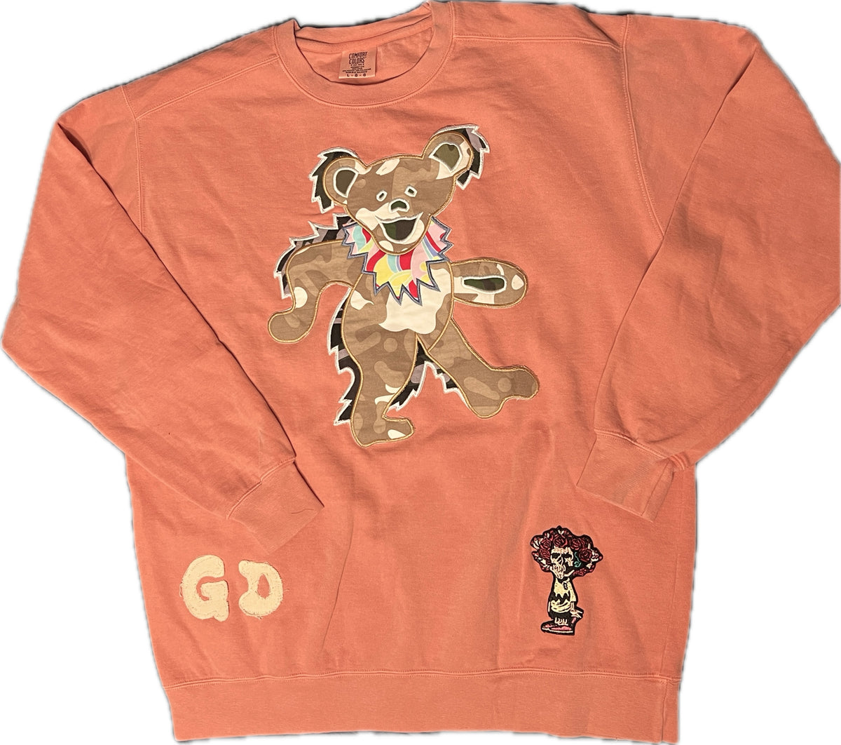 Crewneck with Hand-Cut Camo Bear Appliqué Patch, Size L