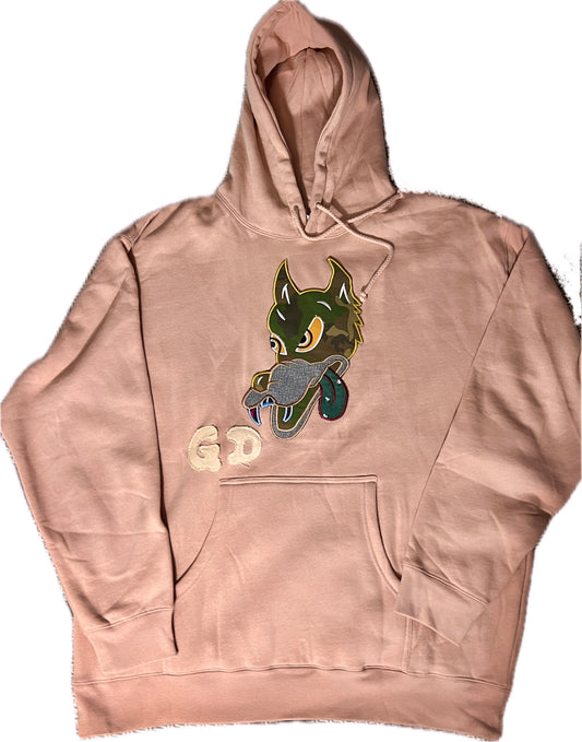 Dusty Rose Hoodie with Hand-Cut Wolf Appliqué, Size XL