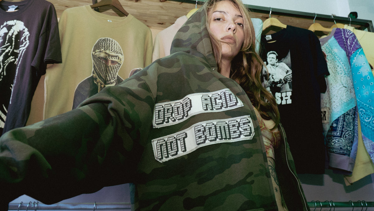 Camo Zip-Up Hoodie with Pigpen and Drop Acid Not Bombs Patches, Size Men’s XL