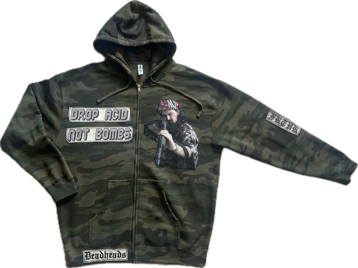 Camo Zip-Up Hoodie with Pigpen and Drop Acid Not Bombs Patches, Size Men’s XL