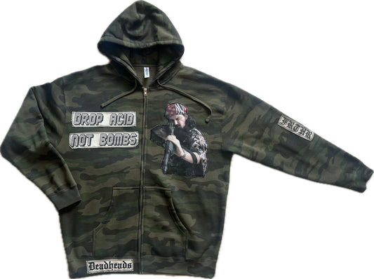 Camo Zip-Up Hoodie with Pigpen and Drop Acid Not Bombs Patches, Size Men’s XL