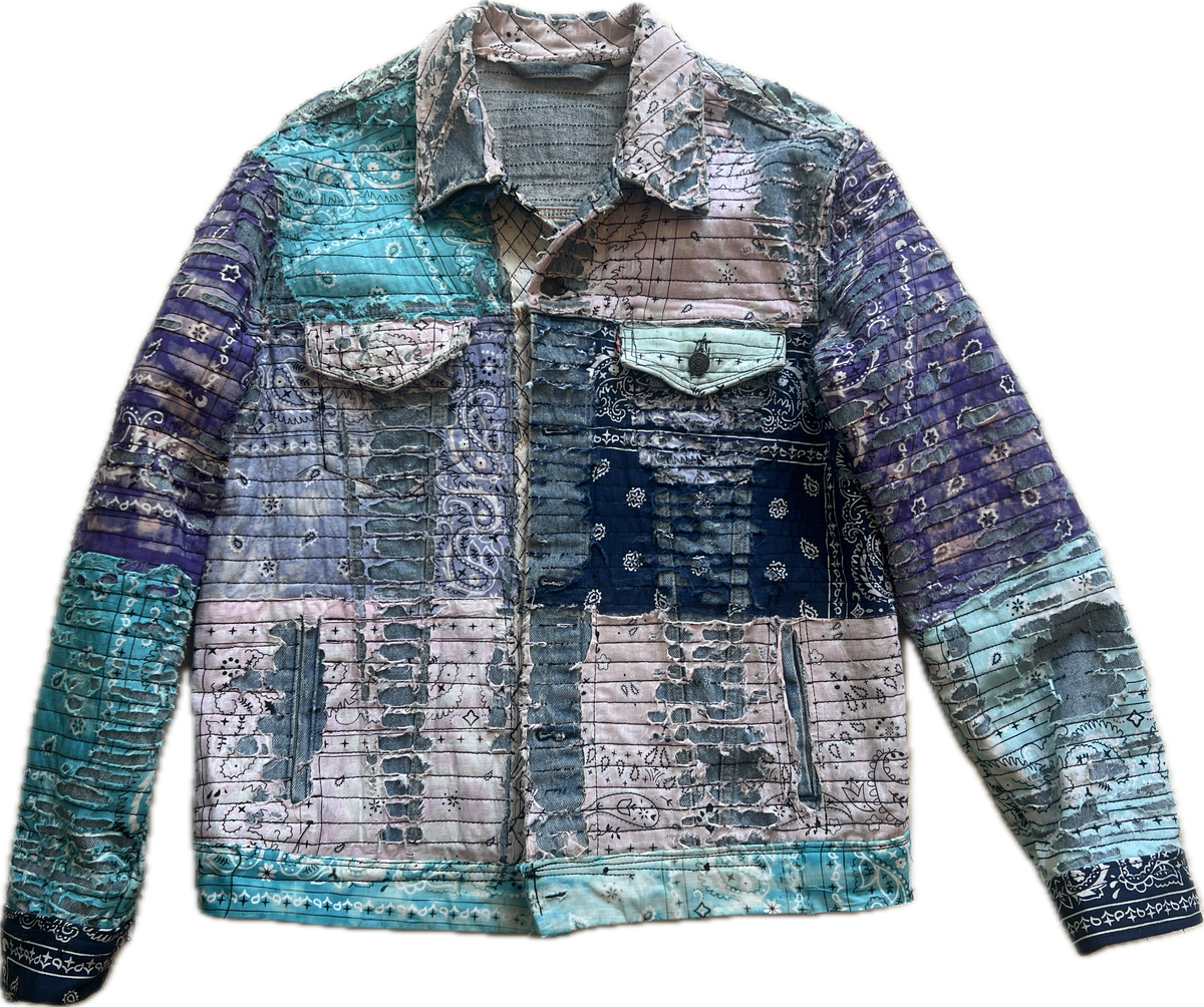 Boro-Style Distressed Denim Jacket with Bandanas