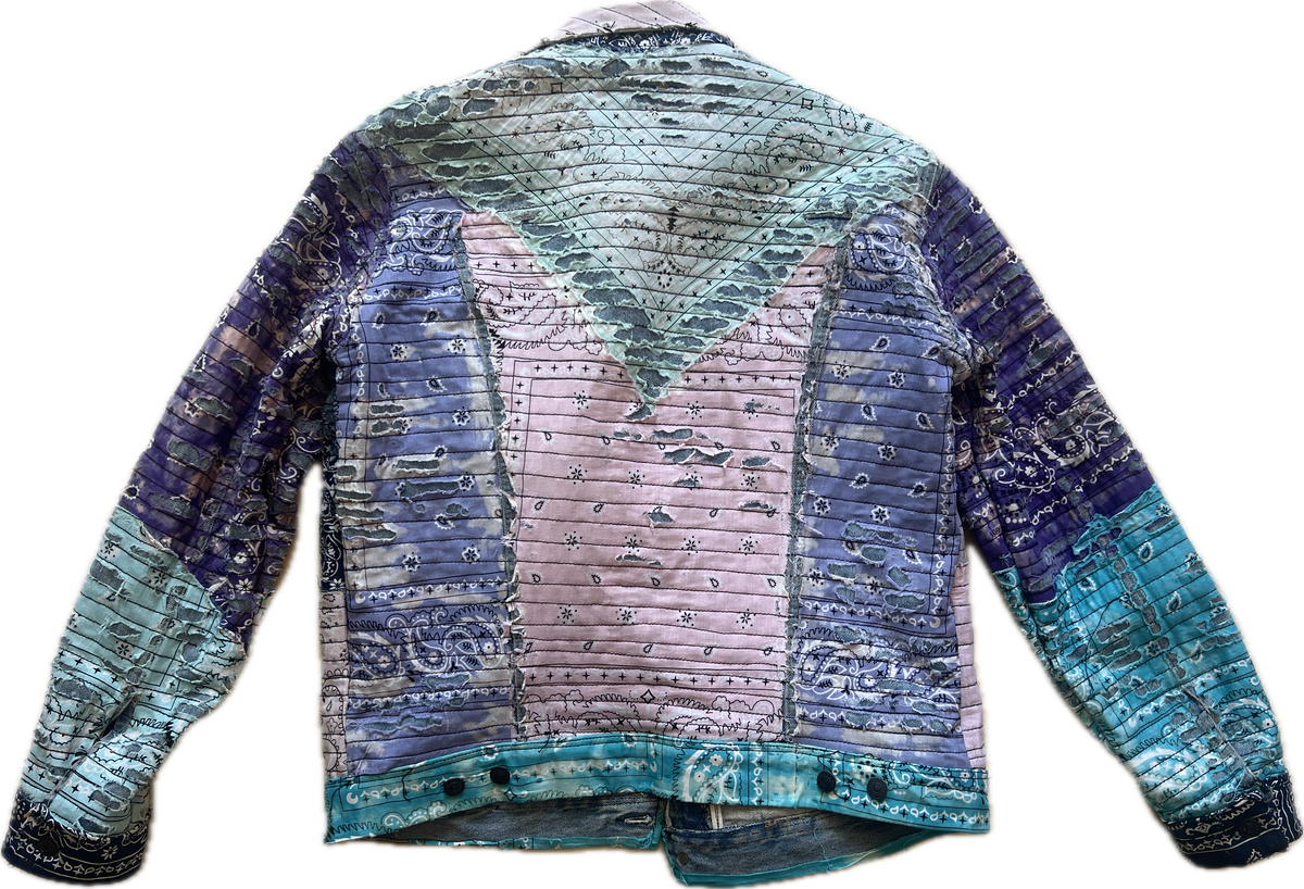 Boro-Style Distressed Denim Jacket with Bandanas